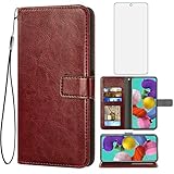 Asuwish Compatible with Samsung Galaxy A71 4G Wallet Case Tempered Glass Screen Protector Leather Flip Cover Card Holder Stand Cell Accessories Phone Cases for Glaxay A 71 Gaxaly 71A S71 A715F Brown