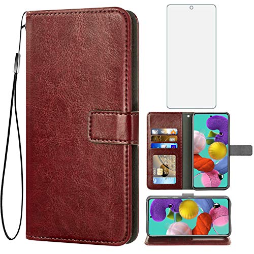Asuwish Compatible with Samsung Galaxy A71 4G Wallet Case Tempered Glass Screen Protector Leather Flip Cover Card Holder Stand Cell Accessories Phone Cases for Glaxay A 71 Gaxaly 71A S71 A715F Brown