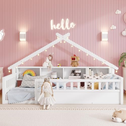 LUMISOL Twin Size Floor Bed with Light, Wood Floor Bed with Storage Bookcase, House Bed with Roof...