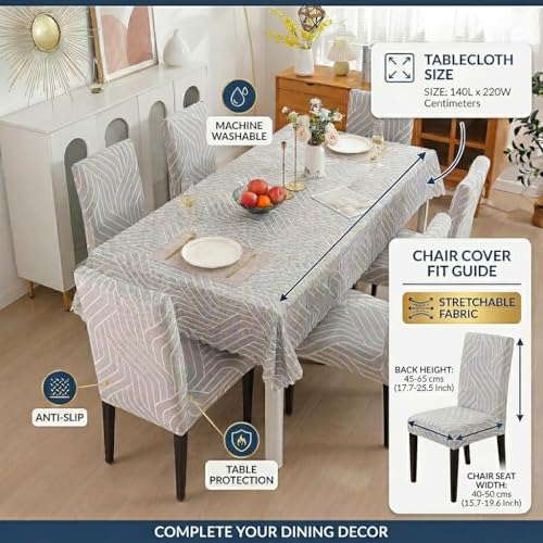 Image of Styleys Polyester Dining Rectangular Chair Cover with Table Covers for Kitchen Waterproof Dining Table Cloth (1 Table Cover + 6 Chair Cover, Complex Grey, CTSD3113)