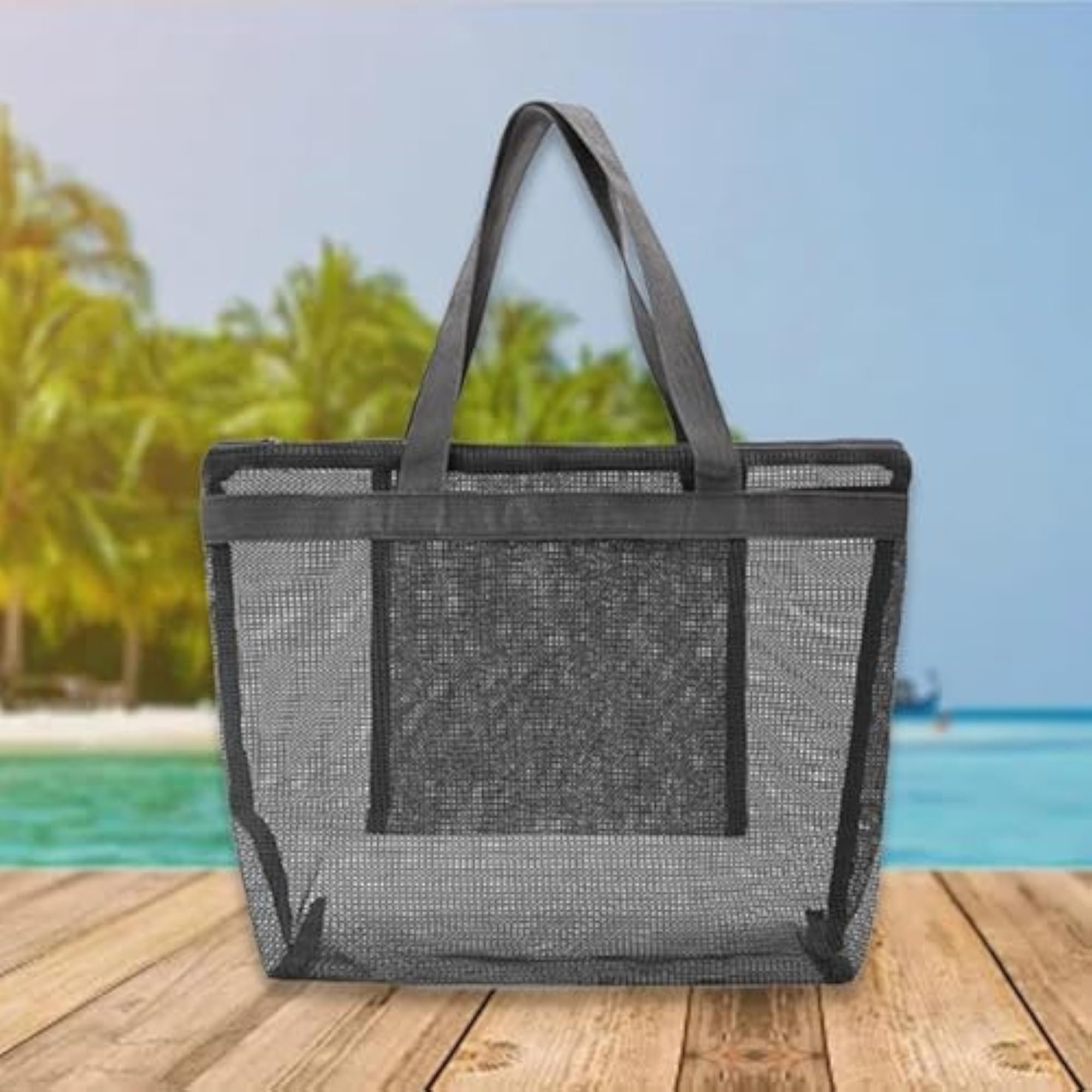 Mesh Beach Bag with Zipper, Large Capacity Gray