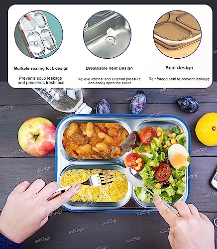 Image of Zest 4 Toyz Lunch Box for Kids Adults 3 Compartments Tiffin Box Stainless Steel with Spoon & Fork Eco-Friendly Lunch Food Containers for School, Office - Multicolor