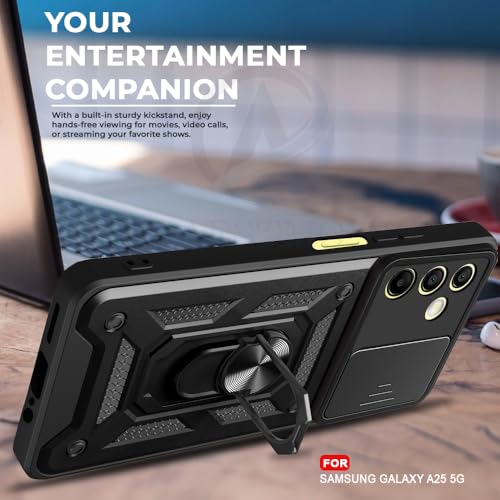 Image of AESTMO Tough Armor Samsung Galaxy A25 5G Bumper Back Case Cover | Ring Holder & Sliding Camera Shield Cover | 360 Degree Protection Back Case Cover for Samsung Galaxy A25 (Black)