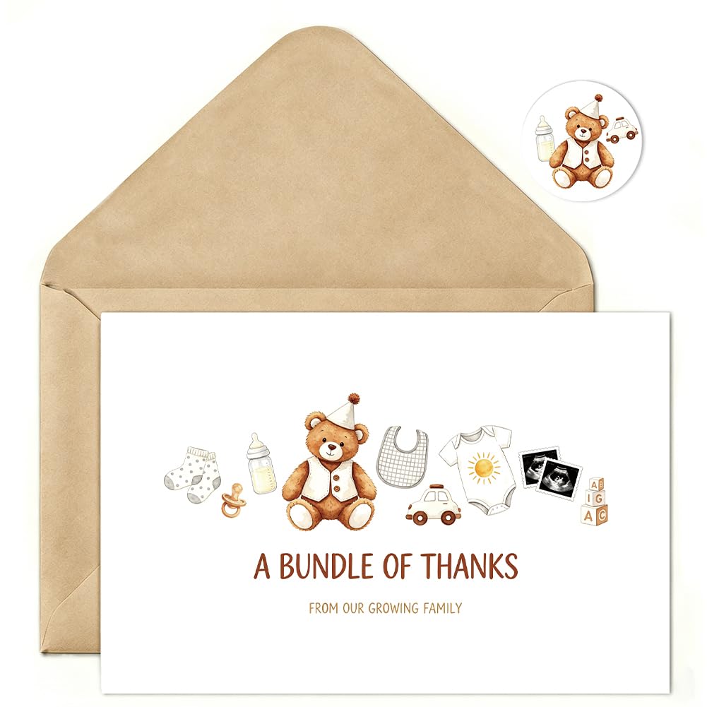 PRESSINART 30Pcs 4 x 6 Inch Bear Thank You Cards with Envelopes Stickers A Bundle of Thanks Cards Cute Bear Coated Paper Notecards for Birthday Wedding Party Invitation Supplies Appreciation Gifts