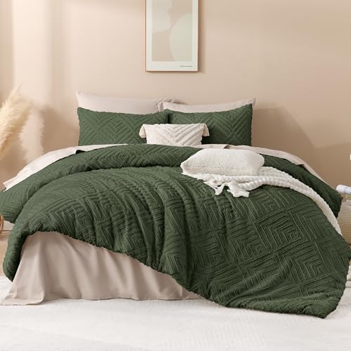 Image of Andency Dark Olive Green Comforter Set King Size, 3 Pieces Boho Men Bedding Set & Collections, Farmhouse Tufted Fluffy Bedding Comforter Set for All Seasons (1 Comforter 104x90In, 2 Pillowcases)