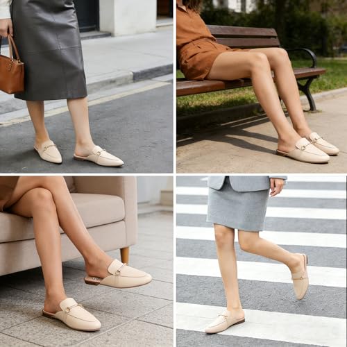 Image of MUSSHOE Gold Buckle Mules for Women - Comfortable Memory Foam Loafers, Classy Slip On Flats for Office Business Casual, Dressy Pointed Toe Shoes