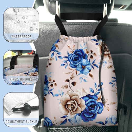 Image of Car Trash Bag Hanging Back of Seat Waterproof Small Cute Printed One-Handed Strap Drawstring Garbage Bags for Car-Blue Rose