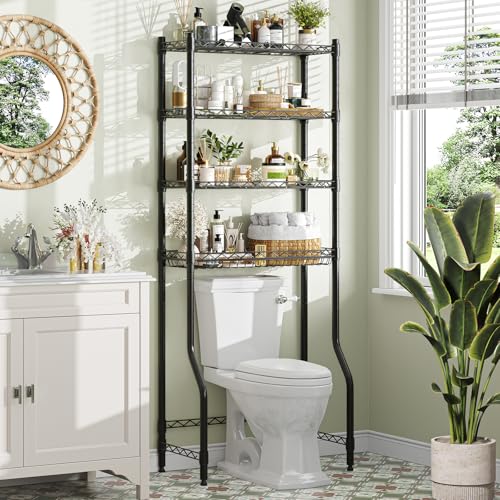 Image of Simple Trending 4 Tier Over The Toilet Storage Rack, Bathroom Organizers and Storage Over Toilet with Adjustable Shelf and Basket, (Black)