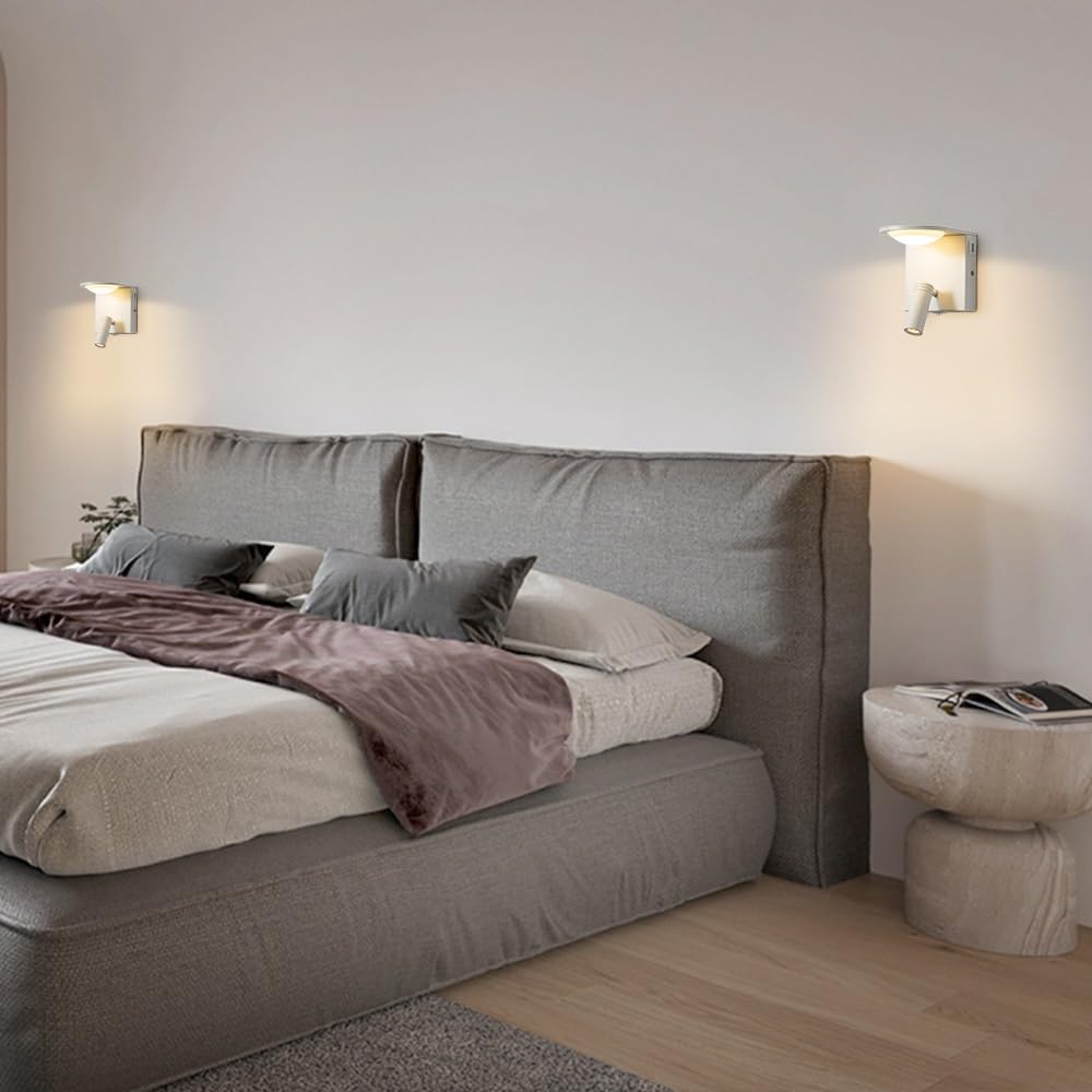 Jadssox Wandleuchte LED mit Schalter und USB-Anschluss - Drehbare Spotbeleuchtung 350°+90°, Warmweiß 3000K für Bettkopf, Nachttisch, Wohnzimmer und Schlafzimmer(White)