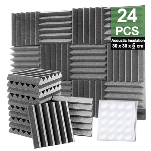 Foneso Espuma Acústica, 30x30x5 cm (Densidad: 25 kg/m³) pared Absorbente de Sonido de alta Densidad 3D, Materiales de Aislamiento Acústico para Salas de Grabación y Oficinas (24 Piezas, Gris)