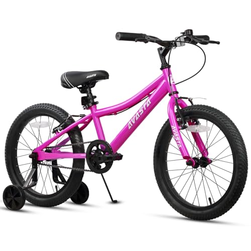 AVASTA Bilbo 18 Inch Kids Bike for Boys Girls 5 6 7 8 Years Old, Retro Style High Carbon Steel Bicycle with Adjustable Handlebars and Seat, Dual V-Brakes, Training Wheels, Kickstand, Plum Red