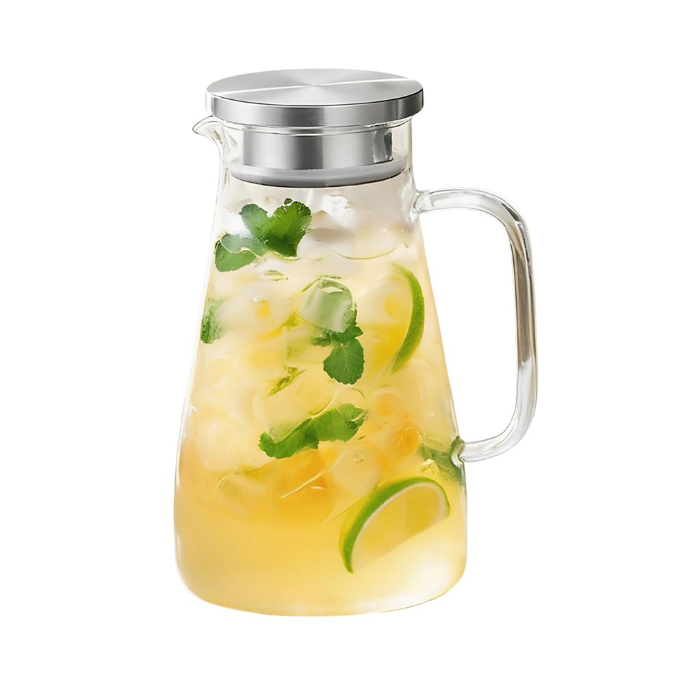 YTSMZX Glass Water Jug Transparent Fridge Fruit Juices Liquors Milk Jug with Lid Hot and Cold Kettle,1.4L