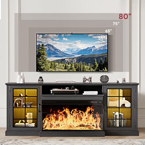 Image of MXV 70'' Fireplace TV Stand, Farmhouse Entertainment Center with 3 Sided Glass TV Stand, Modern Media Console Table with Storage Drawers & Cabinets with LED Flame and Lights for Living Room, Black