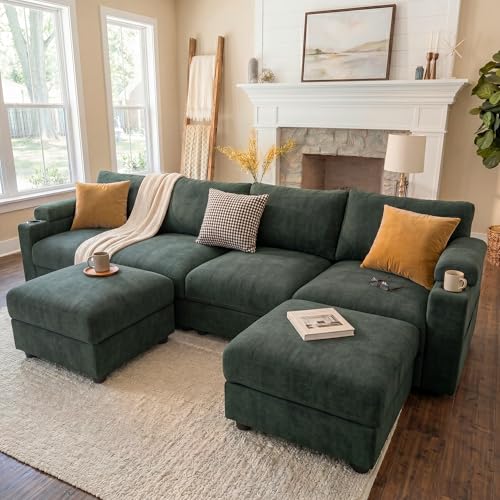 Image of Sectional Couches for Living Room FSC Certified Chenille Modular Couch Oversized Cloud U Shaped Convertible Sleeper Sofa Chaise Detachable Armrest Cushion (Chenille Green, U Shape 6 Seat)