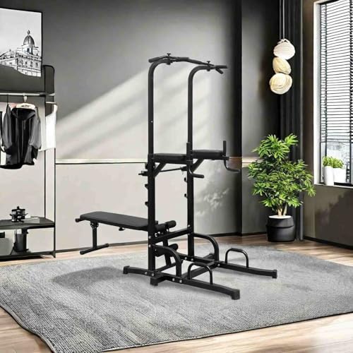 FRITHJILL Multifunctional Power Tower with Adjustable Bench, Dip Station, Pull-Up Bar for Strength Training, Space-Saving Design for Home Gym, 440 Lbs Capacity