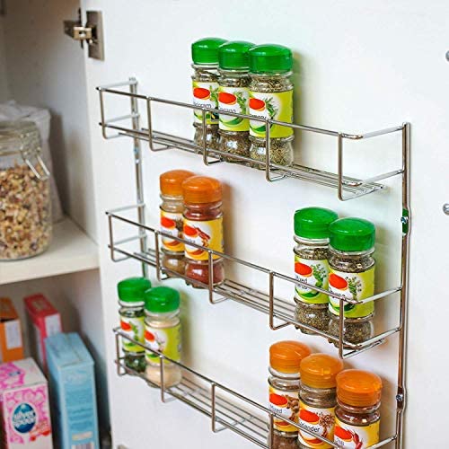Image of andrew james 1 /2 /3 /4 /5 Spice Rack Organiser - No Assembly Needed | Chrome Hanging Spice Shelf for Inside Cupboard Door or Wall Mounted | Kitchen Organiser (3 Tier)