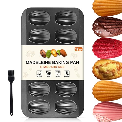 OAMCEG Madeleine Pan 12 Cup Heavy Duty Shell Shape Madeline Tray with Silicone Brush Nonstick Carbon Steel Cookie Cake Scone Pan Baking Mold for Oven Baking
