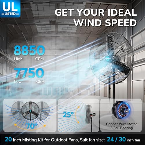Image of Tornado 30 Inch Outdoor Misting Pedestal Fan, 8850 CFM High Velocity Oscillating Fan with Water-Resistant Design, 10 Brass Nozzles & 19.69 FT Hose for Patio, Garden, Backyard Cooling