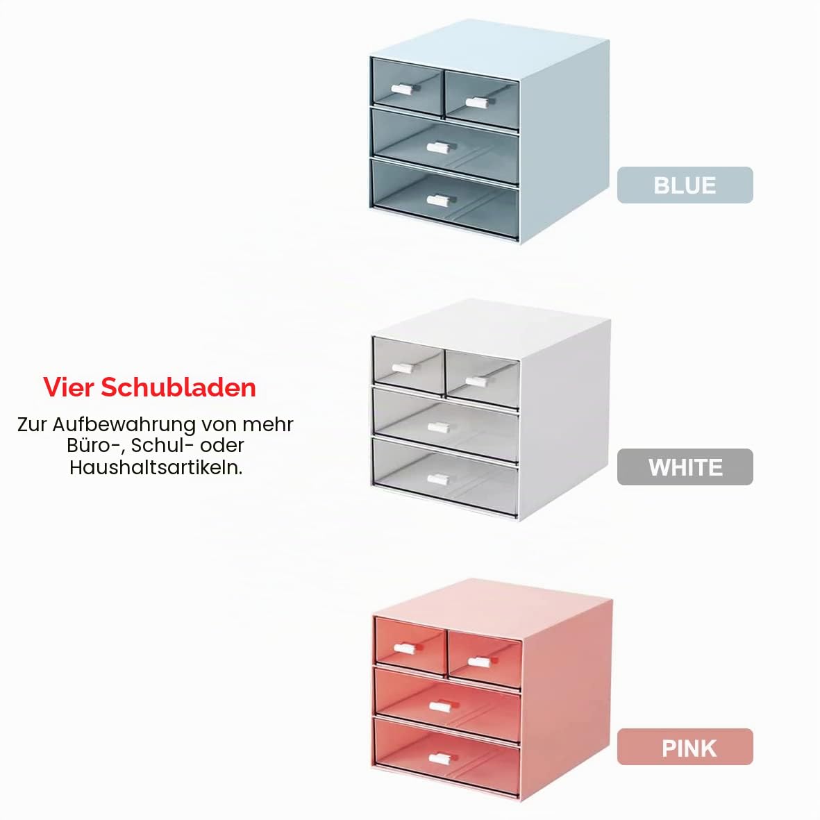 Schreibtisch-Aufbewahrung, Make-up-Aufbewahrungsbox mit 4 Schubladen, Kunststoff, Bürobedarf, Schreibtisch-Organizer für Büro, Schule, Zuhause und Badezimmer (Rosa)
