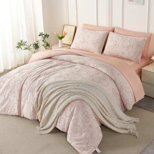 Image of PERFEMET Blush Pink Twin Comforter Set, 5 Pieces Cute Bow Jacquard Girls Bedding Twin Bed in a Bag, Soft All Season Vintage Embossed Bowknot Bedding Comforter Set Boho Bedroom Sets