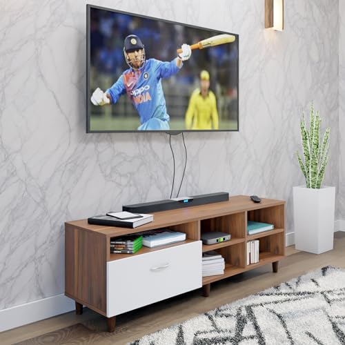 Image of VIKI Modern TV Unit for Living Room | Engineered Wood TV Cabinet with 1 Drawer Storage & 3 Open Shelves, Entertainment Unit, 140W x 48H x 40D cm | DIY | 1 Year Warranty (Walnut & White)