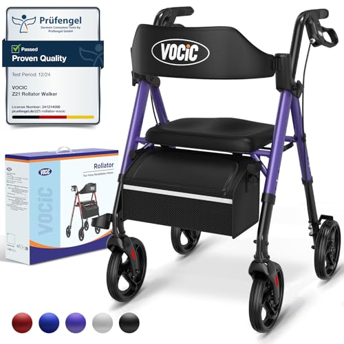 VOCIC Rollator Walker with Seat Brakes Bag Foldable Walking Aid Adjustable Height Lightweight Rollator for Disabled 20cm/8 Wheels for All Terrain 5 Year Support Purple