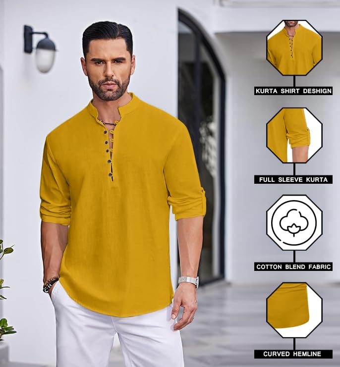 Image of FINIVO FASHION Men's Straight Fit Cotton Blend Kurta with Foldable Sleeves & Formal Collar - Solid Color, Pack of One