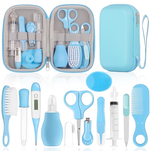 GLOSKIN Trousse de Soin Bebe Naissance,Ensemble de 13 Pièces,Kit Soin Bebe,Équipé de Set Manucure Bebe,de Peignes et D&rsquo;autres Ensembles de Soins de Sécurité pour Bébé,Baby Daily Care Essentials (Bleu)