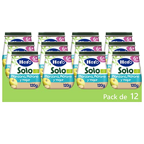 Hero solo Bio Tarritos de Manzana, Plátano Y Yogur 100% Ecológico, con Ingredientes Naturales para bebés desde los 6 meses -Pack de 12 x 120 gr