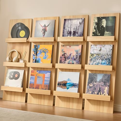 LELELINKY Wall Mount Vinyl Record Holder Set of 4 with 3 Tier Display Area, 47.5'' Tall Record Storage Magazine Holder, Book Shelf Holder Holds Up to 15 Vinyls Albums/CD for, Living Room