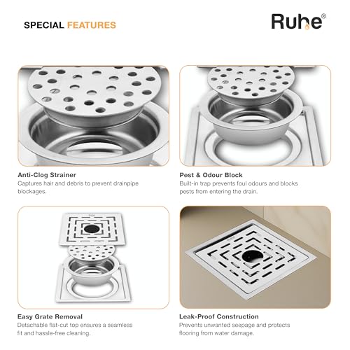 Image of Ruhe Sapphire Exclusive Square Flat Cut Floor Drain /Jali with Cockroach Trap & Hole | 304 Stainless Steel Floor Drain | 6 x 6 inches