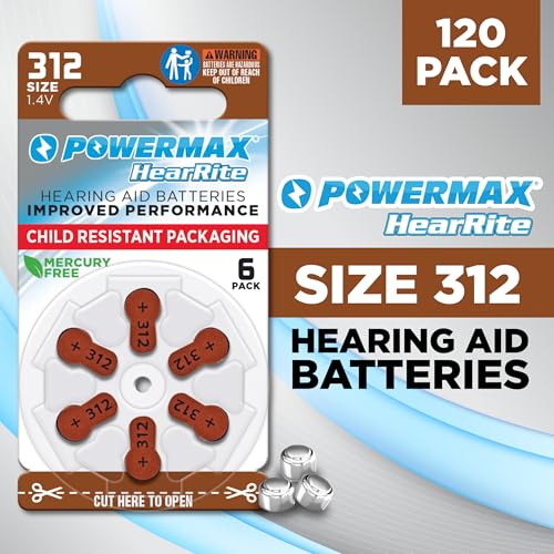 Image of Powermax Size 312 Hearing Aid Batteries, 120 Count Long-Lasting Battery Pack, Brown Long Tab for Easy Change