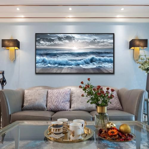 ERQINHUA Wall Decor For Bedroom Dining room Wall Art For Living Room Office Decor Blue Beach Sea Wave Paintings Sunrise Ocean Seascape Wall Pictures Canvas Artwork Home Decor Black Framed 20x40 In