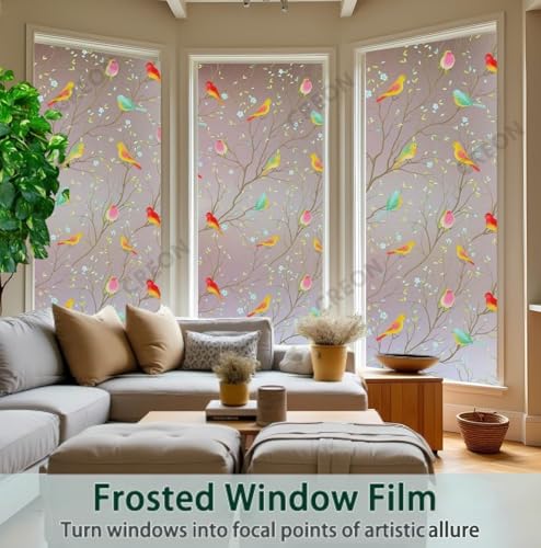 Image of CREON Privacy Window Film Bird Frosted (24 X 200 Inch) Non-Adhesive UV Blocking Front Glass Window Cling for Bathroom Privacy Sticker