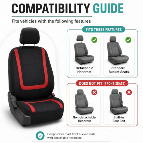 Image of FH Group Car Seat Covers for Low Back Seats, Universal Fit Cloth, Red - Front Set, Removable Headrest, Washable, Automotive Seat Covers for SUV, Sedan, Van