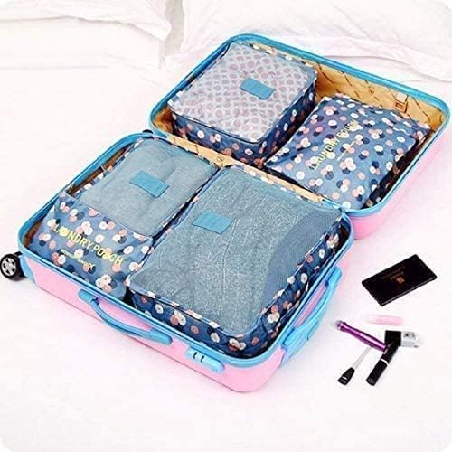 Image of 6 in 1 Polyester Secret Pouch Travel Bag Packing Cubes Laundry Bag with Undergarments & Cloth Storage Organizer Travelling Set /Suitcase Cloth Cube Bag (SKY FLAVER 6 in 1 Travel Bag)