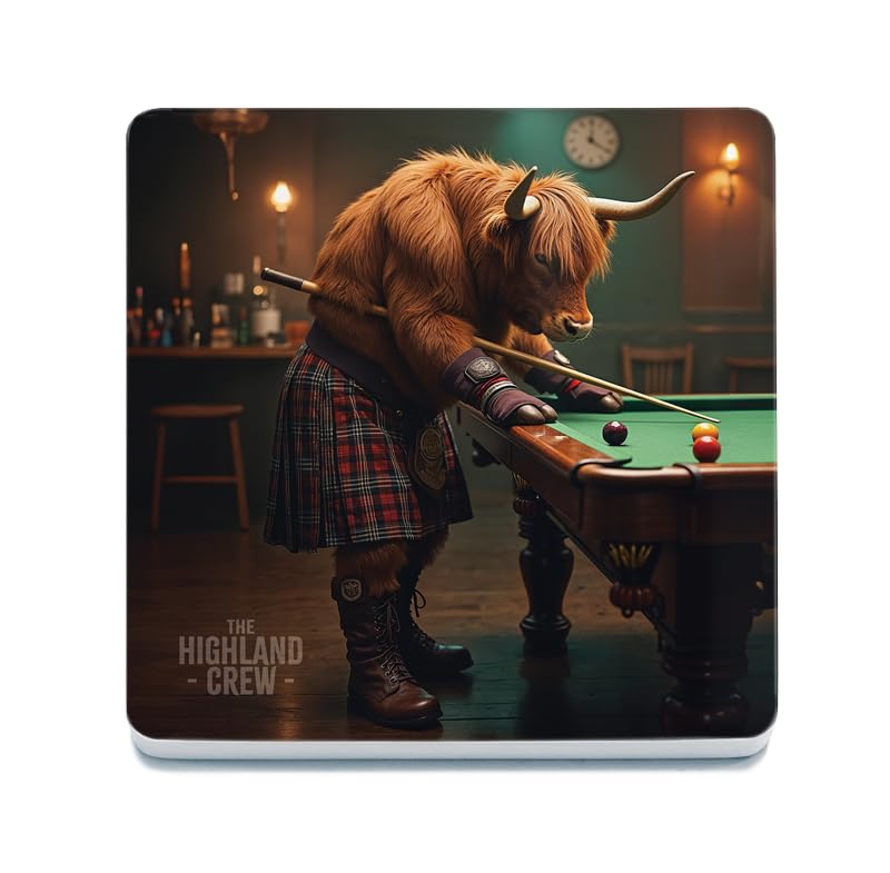 Decorative Coaster (10 x 10 cm) - Highland Crew (Bull playing Snooker)