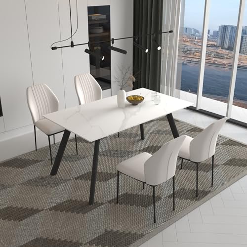 Juego de mesa de comedor para 6, mesa de comedor blanca moderna de piedra sinterizada rectangular y 6 sillas de comedor (1 mesa 6 sillas beige)