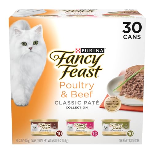 Fancy Feast Poultry and Beef Feast Classic Pate Collection Grain Free Wet Cat Food Variety Pack – (Pack of 30) 3 oz. Cans