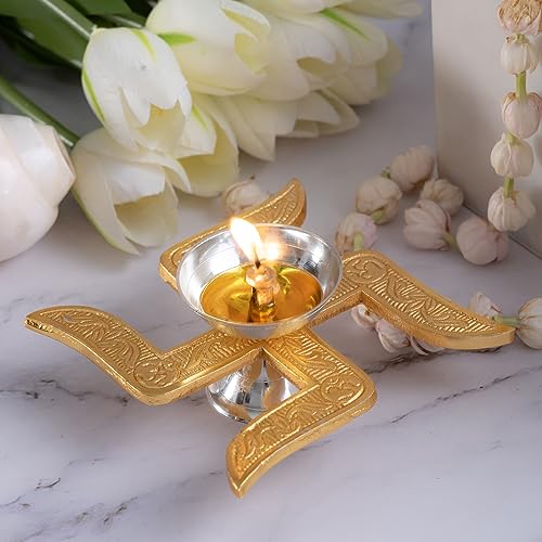 Image of Brass Swastik Diya for Pooja | Traditional Brass Oil Lamp Deepak for Home Temple, Diwali, Navratri, Lakshmi Puja & Spiritual Decor Jyot Diya