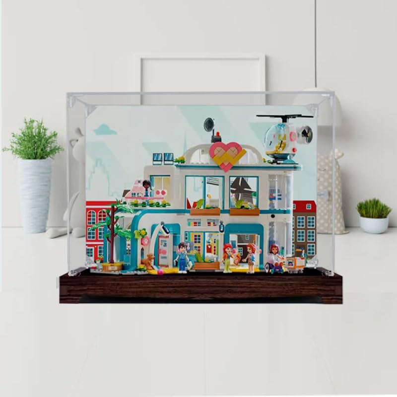 Przezroczysta akrylowa gablota do LEGO Friends 42621 odpowiednia do szpitala miejskiego Heartlake City Hospital pudełko prezentowe (tylko gablota) (spód orzecha włoskiego + tło)