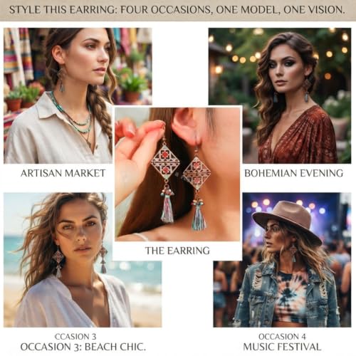 Image of Young & Forever Gift Boho Carnival Sea Island Long Tassel Earrings Handmade Beaded Bohemian Women Statement Beads Dangle Earrings Ethnic Jewelry Fringe Earrings