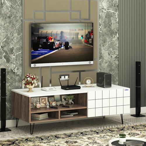 Image of Anikaa Axiora Engineered Wood Floor Standing TV Unit for Living Room | Modern Entertainment Console with 3-Open Boxes & 1-Closed Door Storage | Coachwood & White DIY (Do-it-Yourself) Installation
