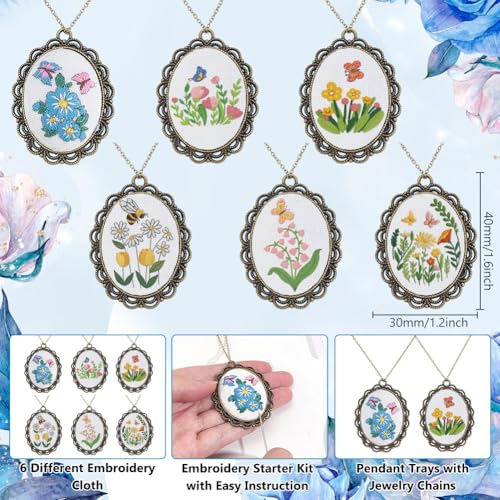 Image of INFUNLY 6 Sets DIY Flower Embroidery Pendant Kit with Chains for Adult Beginners Insect Embroidery Necklace Kits with Instructions Floral Necklace Starter Cross Stitch Kit for DIY Art Craft Women Gift