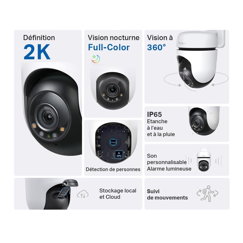 Tapo C510W 2K Caméra de Surveillance WiFi Extérieur 360° Vision Nocturne Couleur IP65