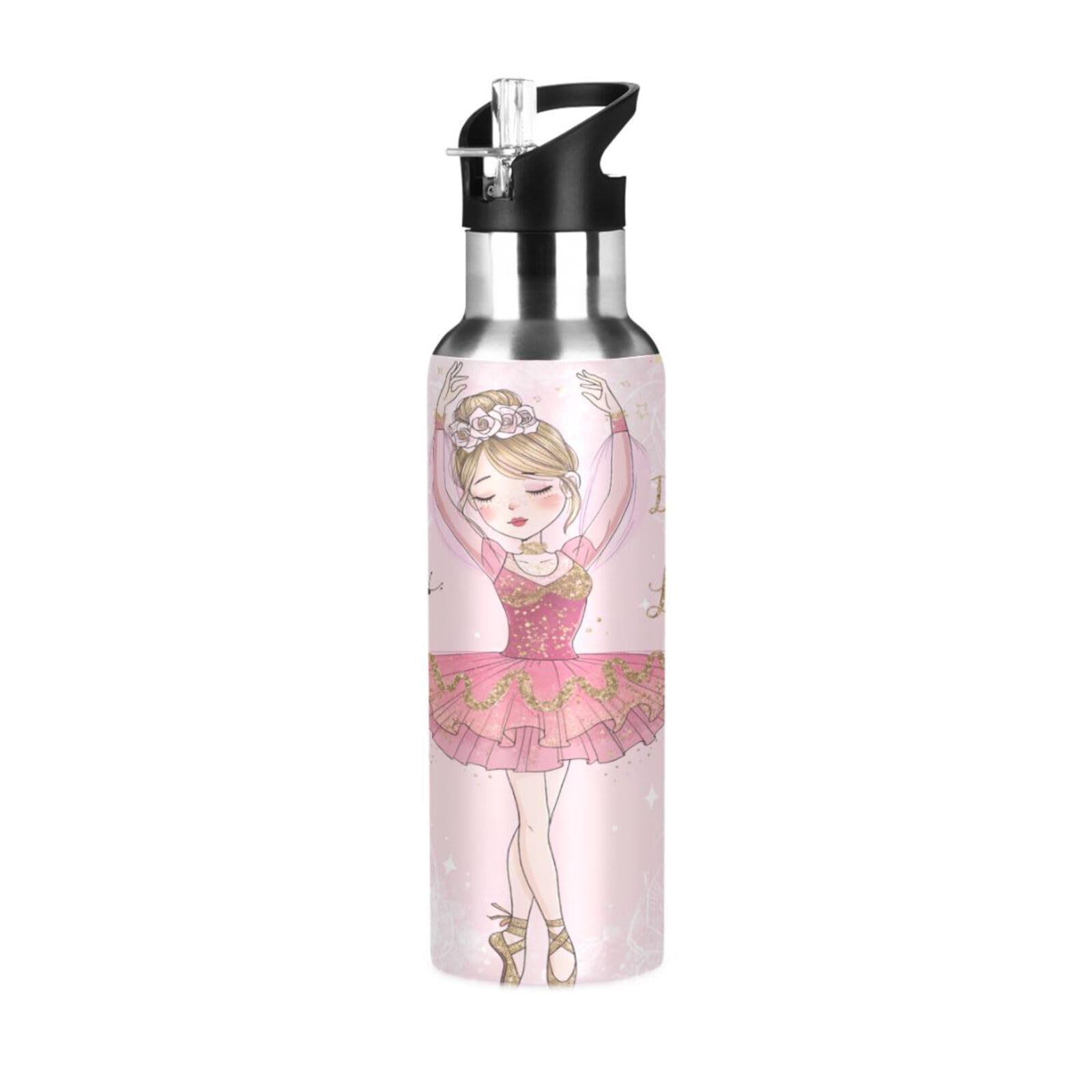 Blueangle Lovely Ballerina Girl Sports Water Bottle, 22 Oz BPA Free Non-Toxic Stainless Steel Water Bottle with Straw for Gym Yoga Fitness Camping — image 1