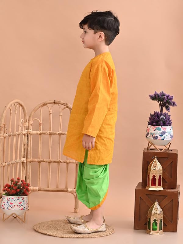 Image of superminis Baby Boy's Handloom Cotton Kurta With Embroidery Around The Neck And Contrast Color Dhoti Clothing Set