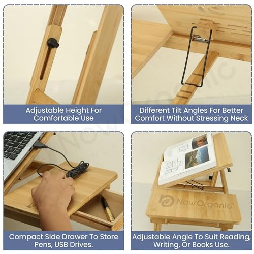 Image of Now Organic Brand Premium Bamboo Foldable Laptop Table with Adjustable Height & Tilting Top | Lap Desk for Study, Writing, Reading | Portable Bed Table with Small Storage Drawer Compact Size