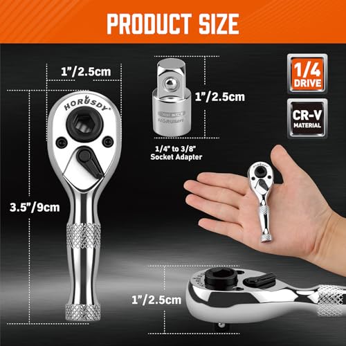Image of HORUSDY 1 /4-Inch Stubby Ratchet Wrench Set, Chrome Alloy 90-Tooth Reversible 1 /4 inch Drive Handle with Magnetic Bit Driver & 1 /4 inch to 3 /8 inch Adapter, Compact Socket Wrench for Tight Spaces, Auto, DIY