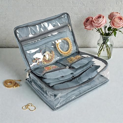 Image of Jewellery pouch for women 14 Pocket Jewellery organisers pouch Makeup organisers Cosmetic pouch Travel organizer Storage Bag with 13 Transparent Pouches for Necklace Earrings Rings (Grey)